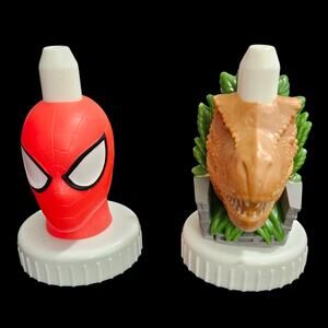 Good2Grow Juice Toppers Lot of 2 - Spider-Man and T-Rex Dinosaur Lids Caps
